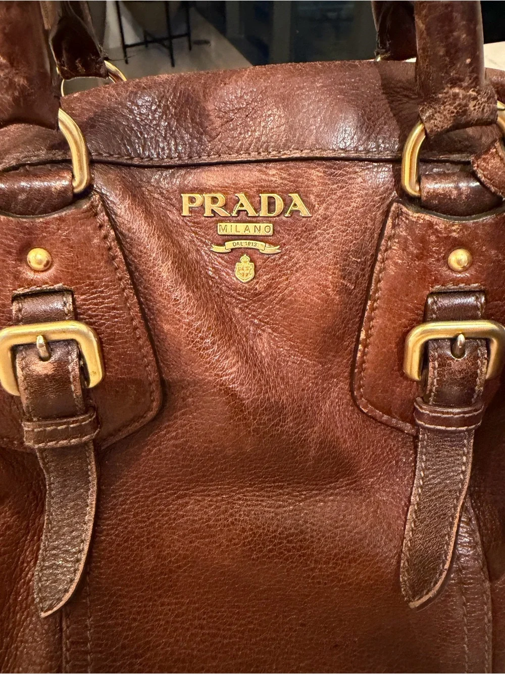 Prada Cognac Leather Satchel with Gold Hardware